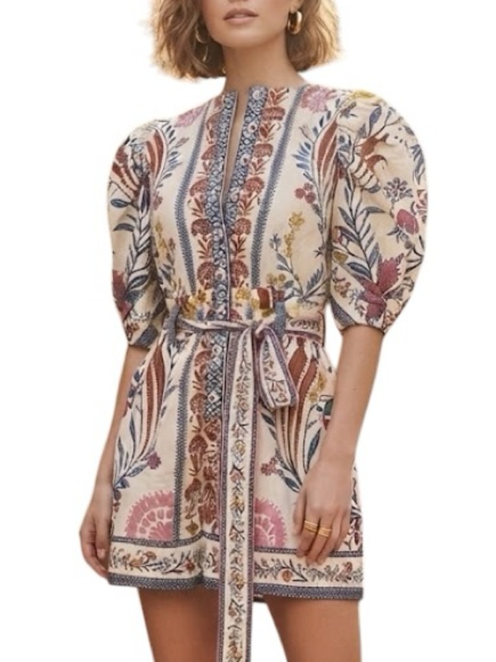 FARM Rio Cream Multi Floral Belted Romper with Puff Sleeves